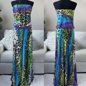 USA JUP Womens Green Blue Amazon Animal Maxi Tube Dress Boho Strapless S Small